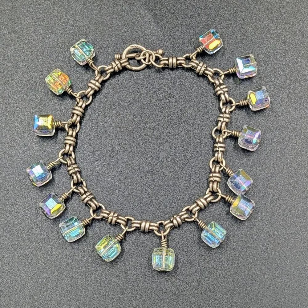 Y2K Aurora Borealis Crystal Cube Charm Bracelet – 8” Silver Tone Toggle